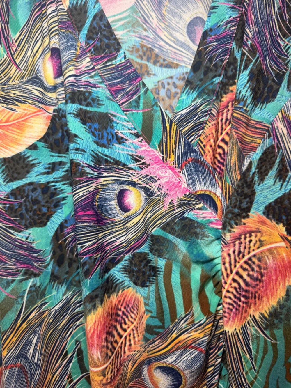 Joseph Ribkoff Faux Wrap Dress Peacock Print Ruffle Hem‎ Stretch Midi Colorful - Picture 15 of 15